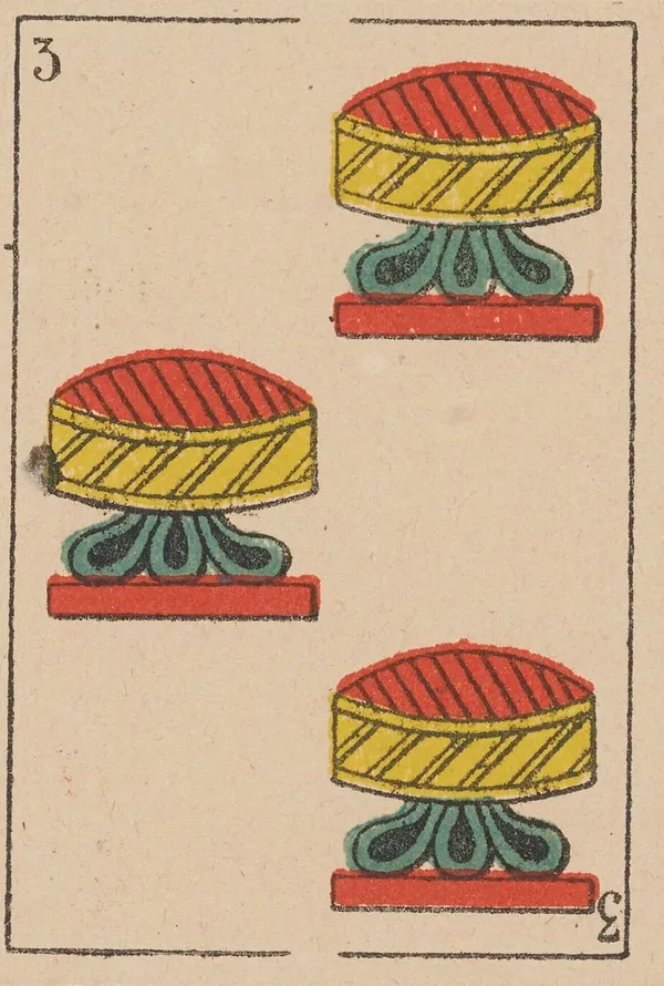 Tres de Copas, baraja española de Camoin (h. 1870)