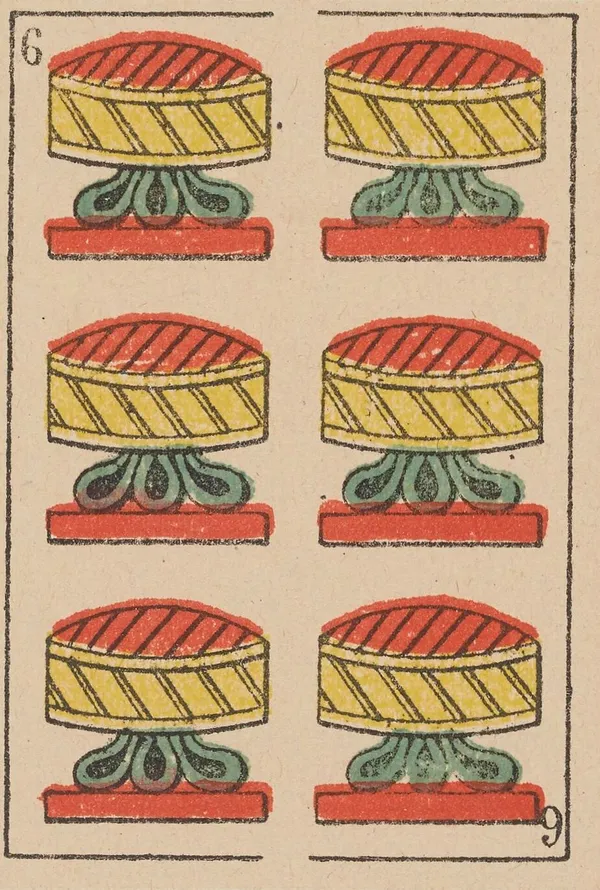 Seis de Copas, baraja española de Camoin (h. 1870)