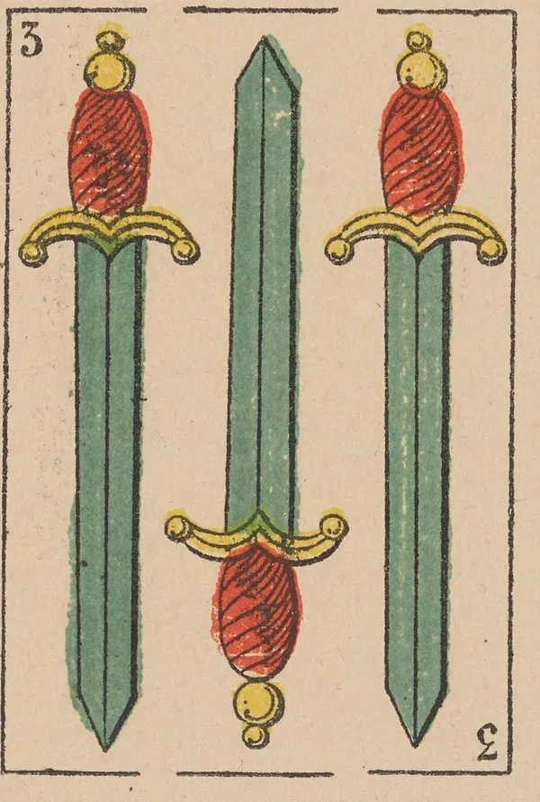 Tres de Espadas, baraja española de Camoin (h. 1870)