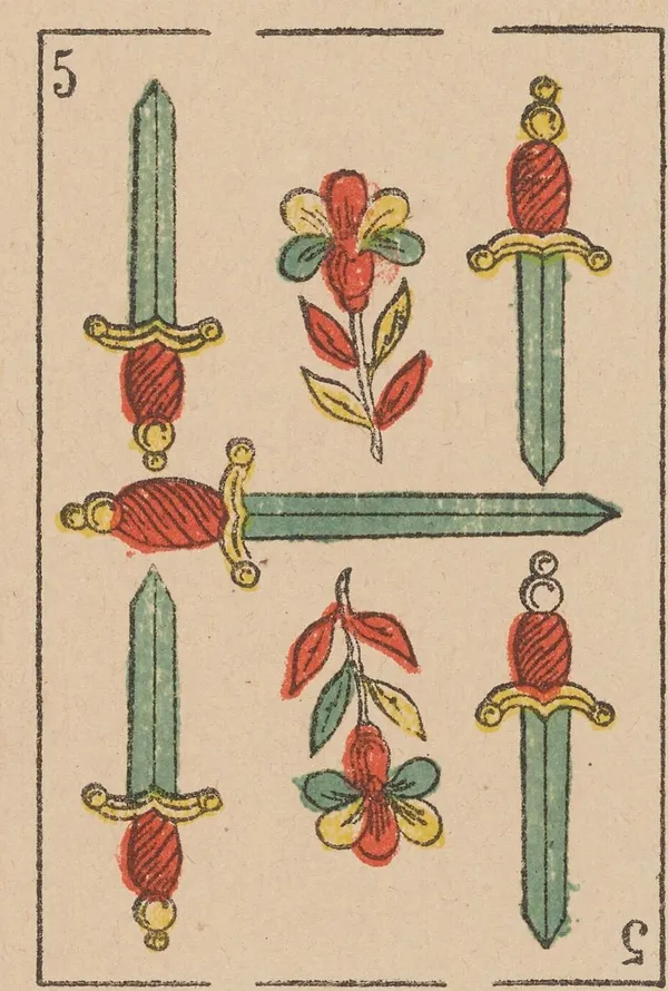 Cinco de Espadas, baraja española de Camoin (h. 1870)