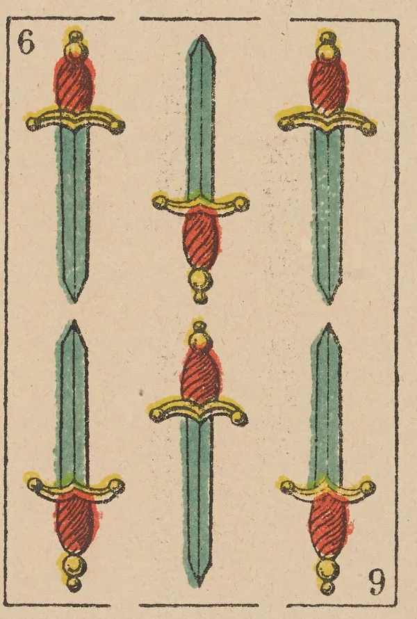 Seis de Espadas, baraja española de Camoin (h. 1870)