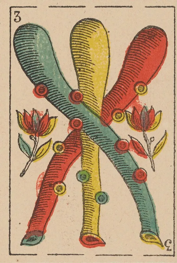 Tres de Bastos, baraja española de Camoin (h. 1870)